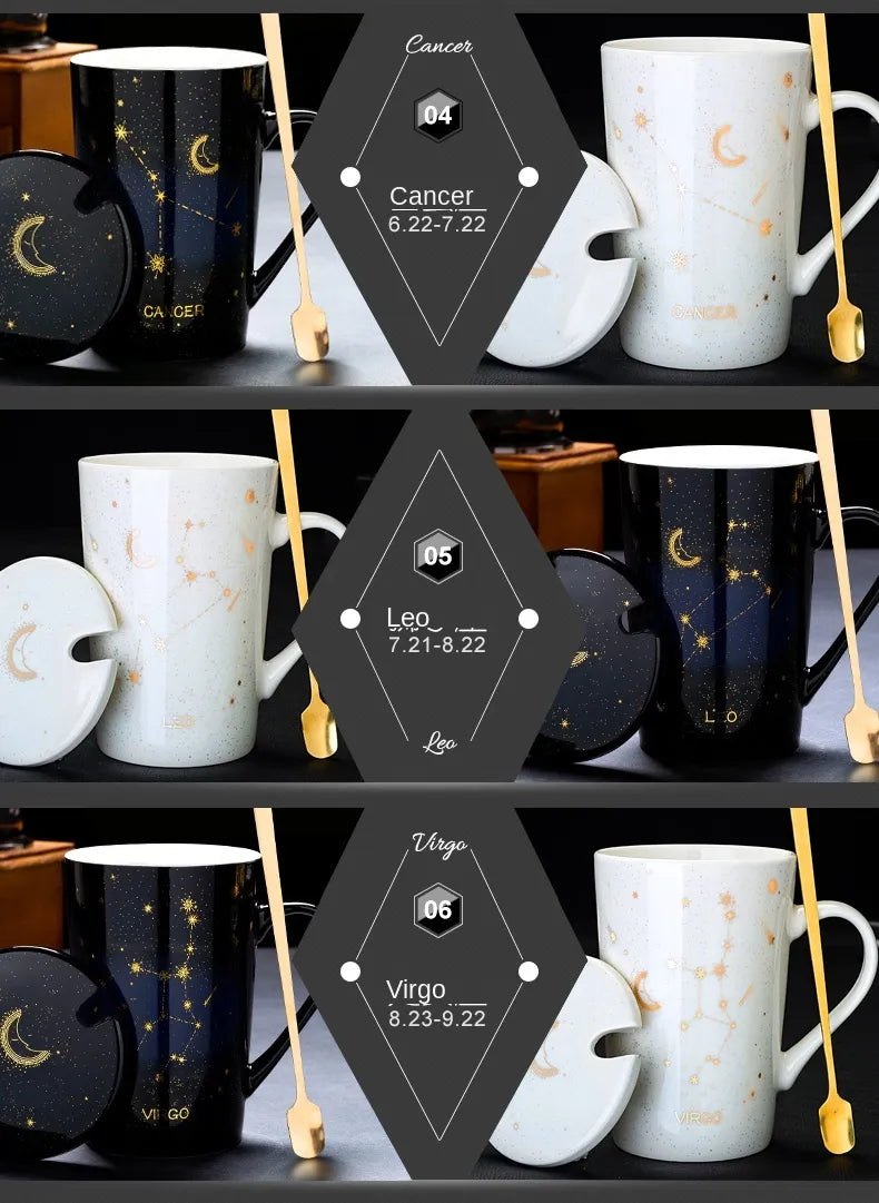 Starry Sky Zodiac Ceramic Mug Set | 12 Constellations Bone China Mug with Gold Spoon and Lid - A Gothic Universe - Mugs