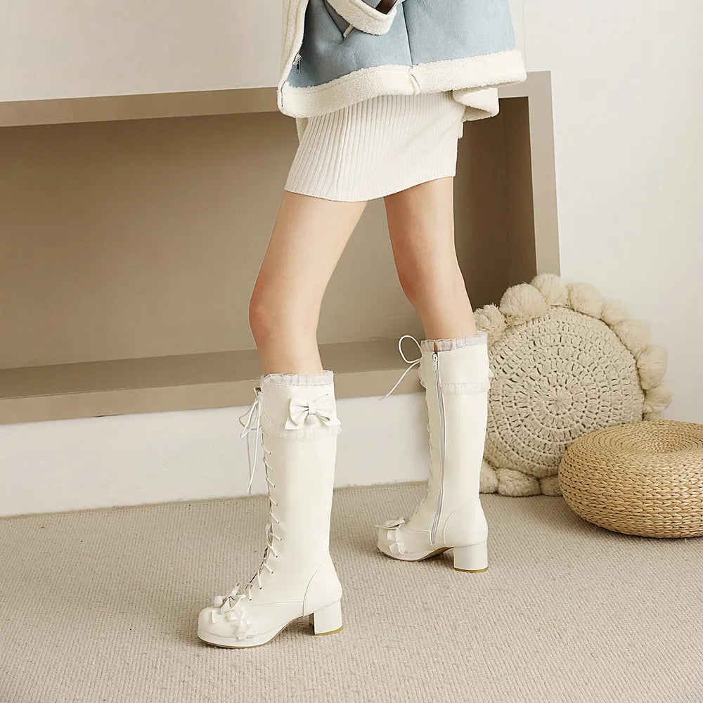 Cute Japanize Lolita Lace High Boots | White Vegan Leather Mid Calf Lace-Up Lacey Trim - A Gothic Universe - Boots