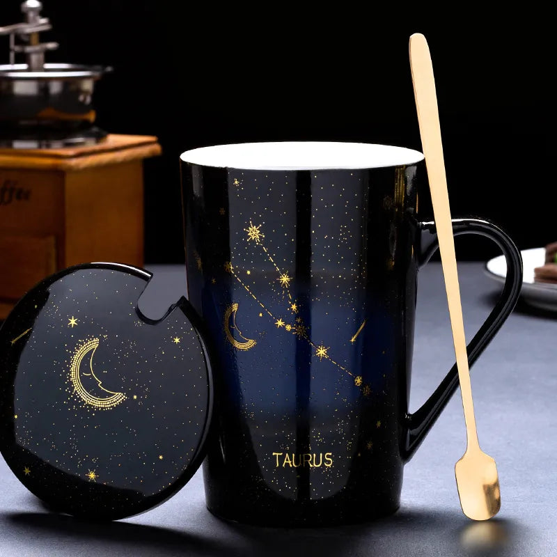 Starry Sky Zodiac Ceramic Mug Set | 12 Constellations Bone China Mug with Gold Spoon and Lid - A Gothic Universe - Mugs