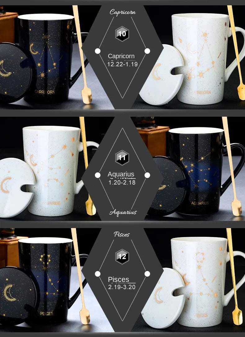 Starry Sky Zodiac Ceramic Mug Set | 12 Constellations Bone China Mug with Gold Spoon and Lid - A Gothic Universe - Mugs