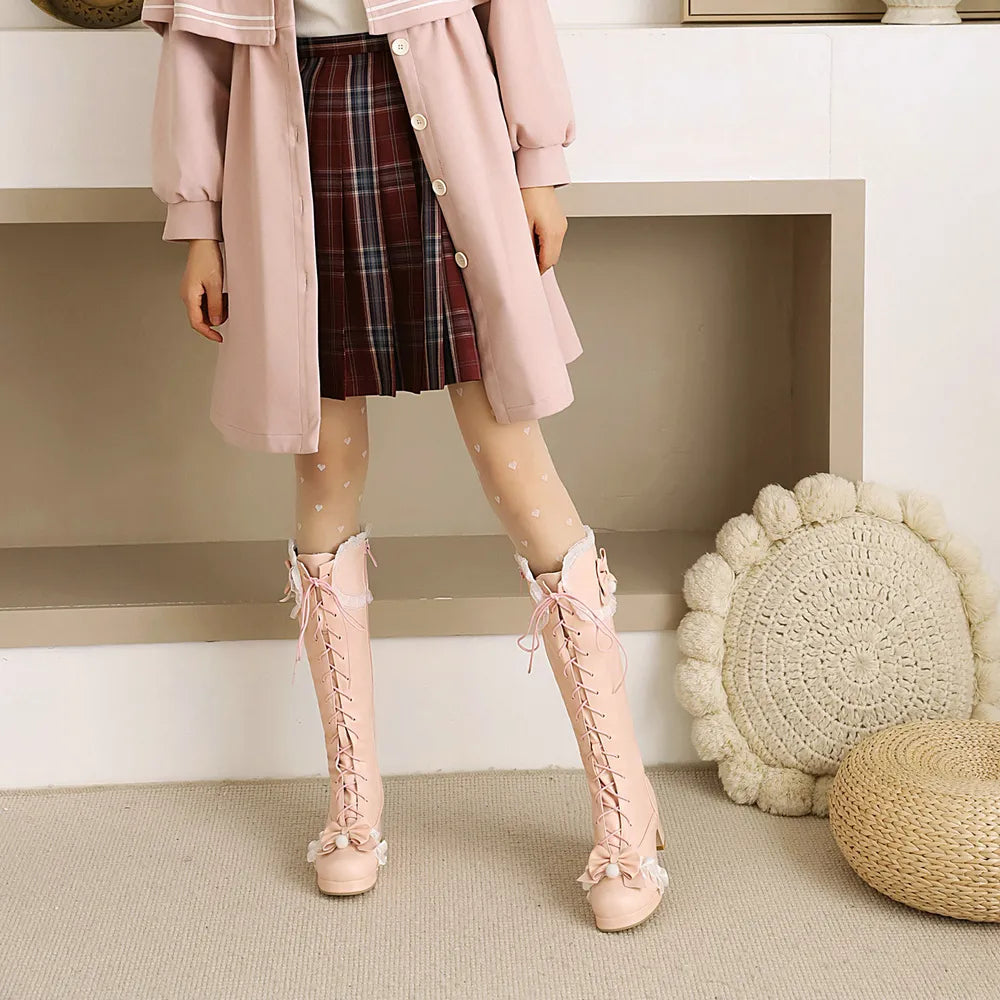 Cute Japanese Lolita Lace High Boots | Pink Vegan Leather Lace-Up White Lacey Trim - A Gothic Universe - Boots