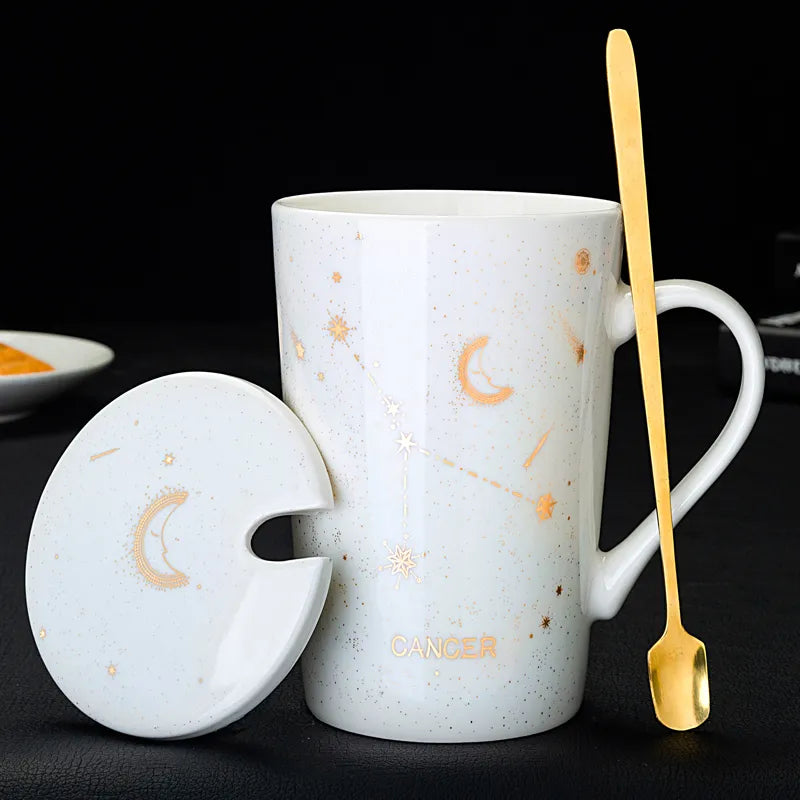 Starry Sky Zodiac Ceramic Mug Set | 12 Constellations Bone China Mug with Gold Spoon and Lid - A Gothic Universe - Mugs