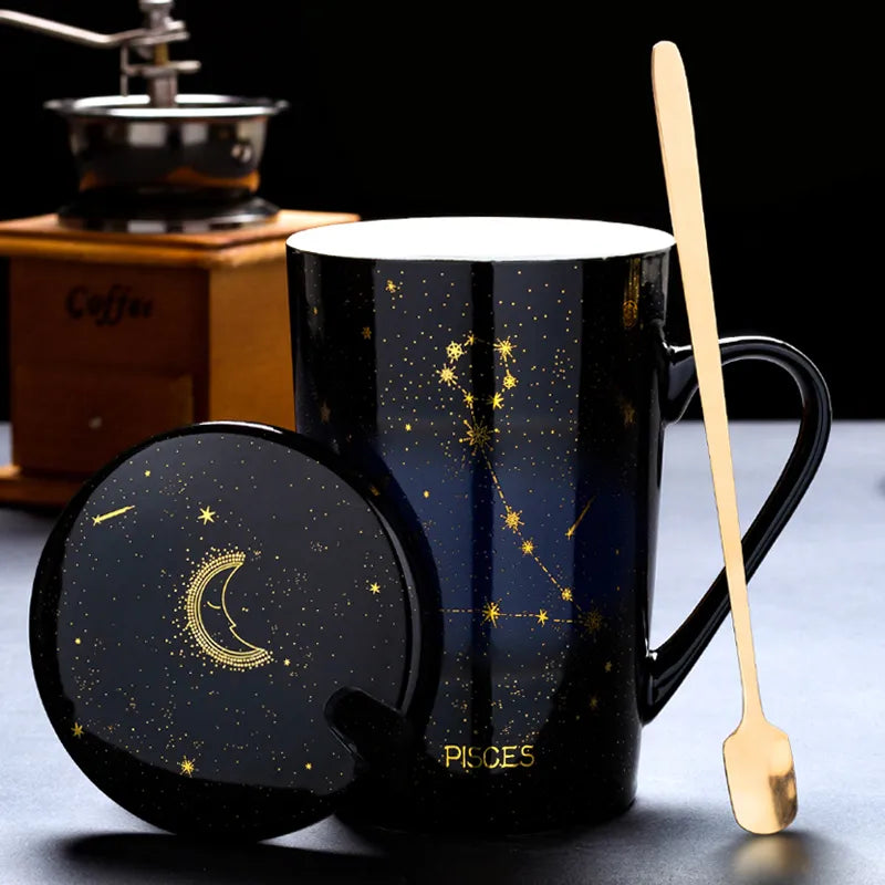 Starry Sky Zodiac Ceramic Mug Set | 12 Constellations Bone China Mug with Gold Spoon and Lid - A Gothic Universe - Mugs