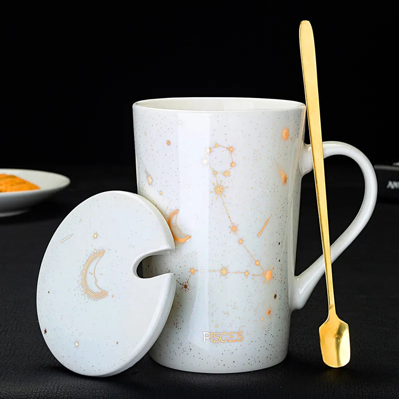 Starry Sky Zodiac Ceramic Mug Set | 12 Constellations Bone China Mug with Gold Spoon and Lid - A Gothic Universe - Mugs