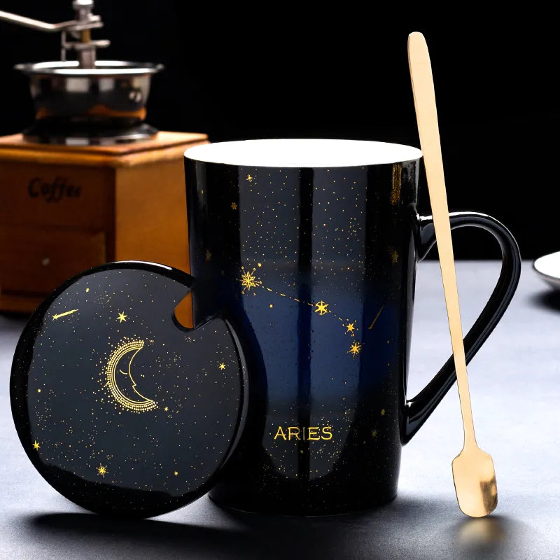 Starry Sky Zodiac Ceramic Mug Set | 12 Constellations Bone China Mug with Gold Spoon and Lid - A Gothic Universe - Mugs