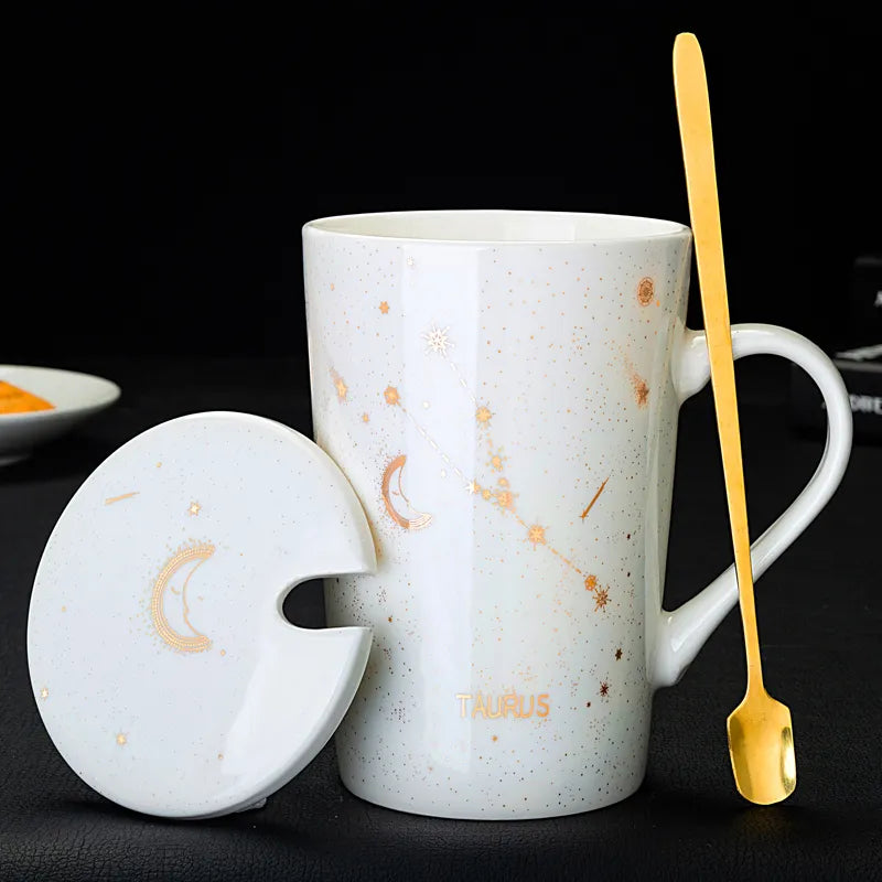 Starry Sky Zodiac Ceramic Mug Set | 12 Constellations Bone China Mug with Gold Spoon and Lid - A Gothic Universe - Mugs