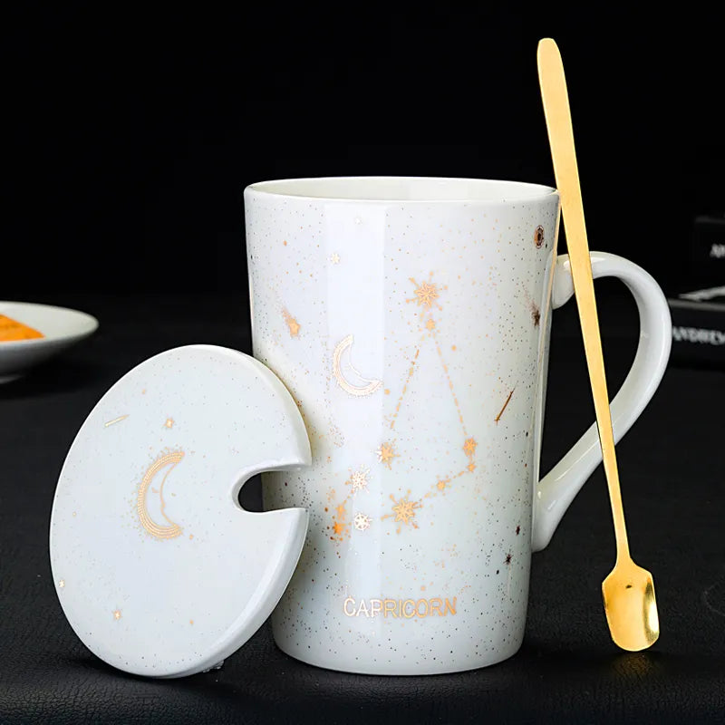 Starry Sky Zodiac Ceramic Mug Set | 12 Constellations Bone China Mug with Gold Spoon and Lid - A Gothic Universe - Mugs