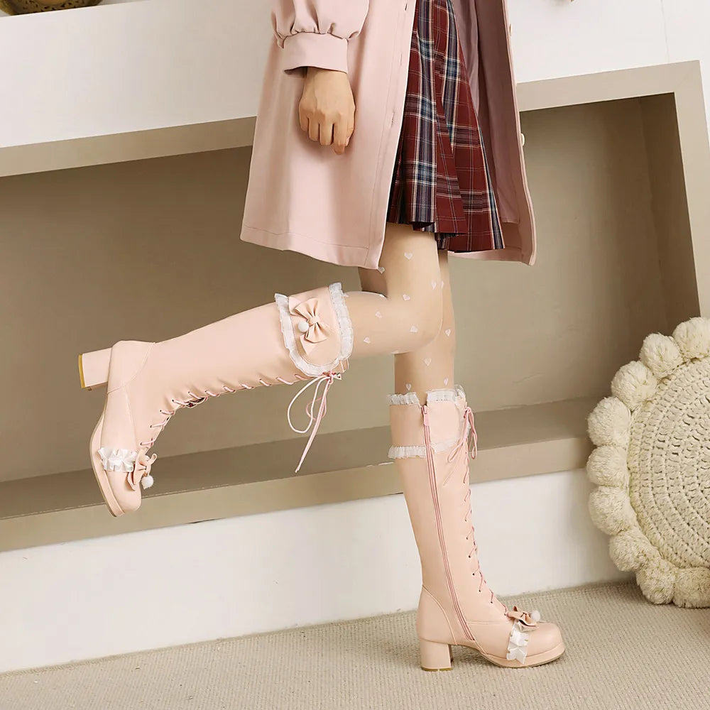 Cute Japanese Lolita Lace High Boots | Pink Vegan Leather Lace-Up White Lacey Trim - A Gothic Universe - Boots