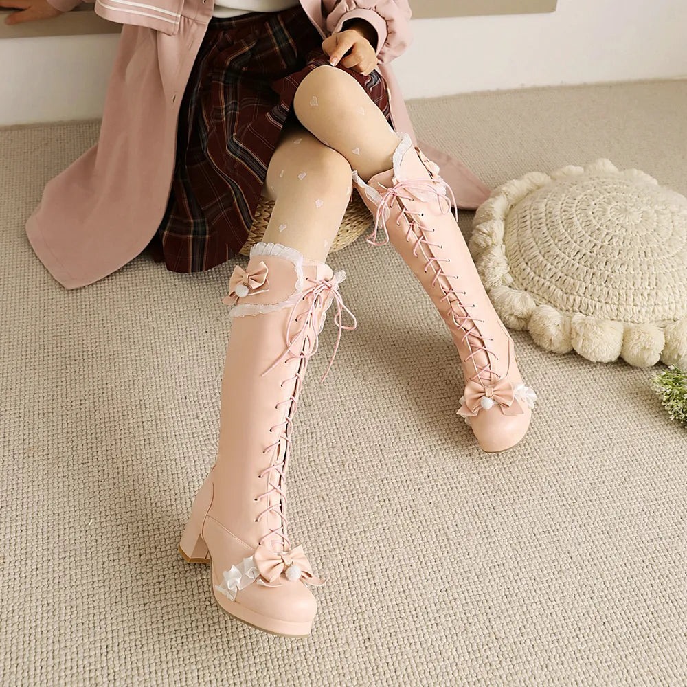 Cute Japanese Lolita Lace High Boots | Pink Vegan Leather Lace-Up White Lacey Trim - A Gothic Universe - Boots