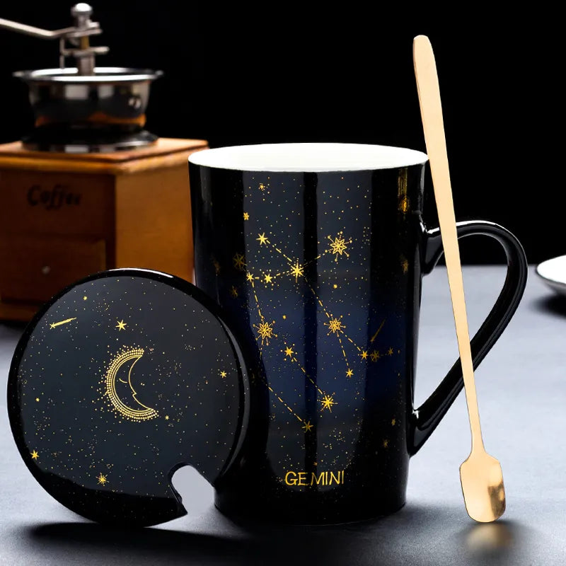 Starry Sky Zodiac Ceramic Mug Set | 12 Constellations Bone China Mug with Gold Spoon and Lid - A Gothic Universe - Mugs