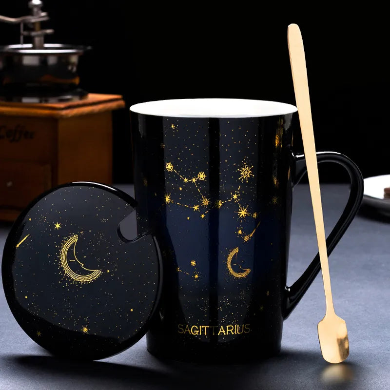 Starry Sky Zodiac Ceramic Mug Set | 12 Constellations Bone China Mug with Gold Spoon and Lid - A Gothic Universe - Mugs