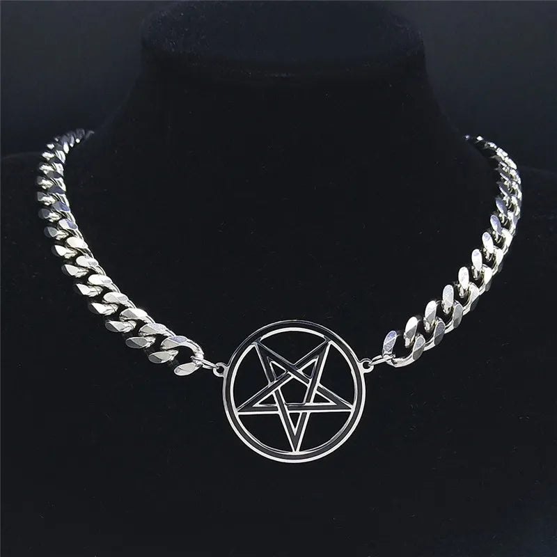 Shadow Serenity Inverted Pentagram Choker | Silver 19.6" - A Gothic Universe - Necklaces