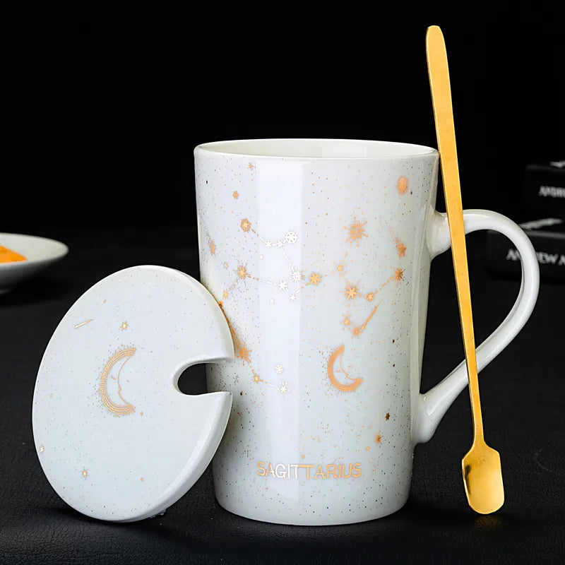 Starry Sky Zodiac Ceramic Mug Set | 12 Constellations Bone China Mug with Gold Spoon and Lid - A Gothic Universe - Mugs