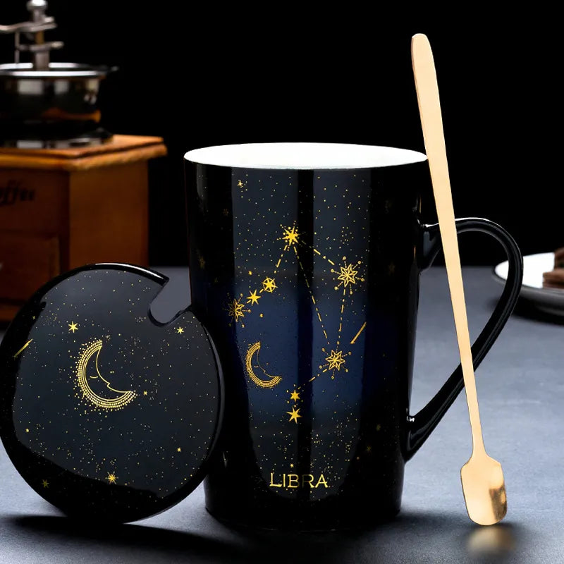 Starry Sky Zodiac Ceramic Mug Set | 12 Constellations Bone China Mug with Gold Spoon and Lid - A Gothic Universe - Mugs