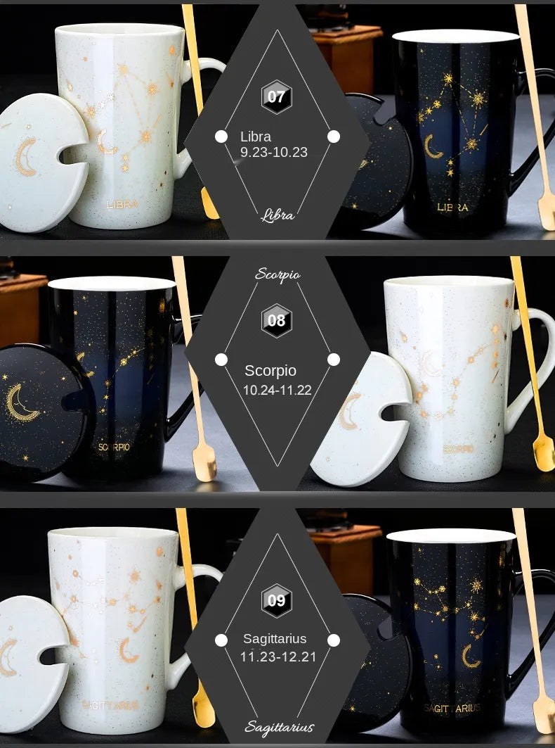 Starry Sky Zodiac Ceramic Mug Set | 12 Constellations Bone China Mug with Gold Spoon and Lid - A Gothic Universe - Mugs