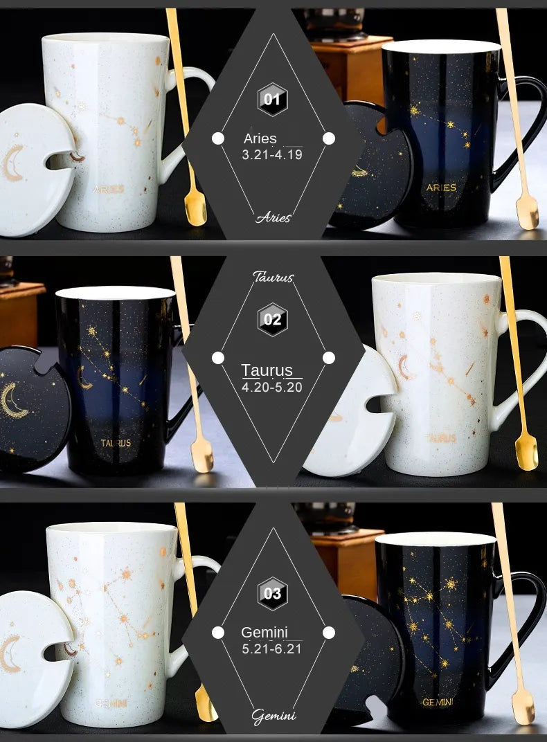 Starry Sky Zodiac Ceramic Mug Set | 12 Constellations Bone China Mug with Gold Spoon and Lid - A Gothic Universe - Mugs