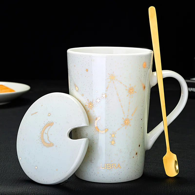 Starry Sky Zodiac Ceramic Mug Set | 12 Constellations Bone China Mug with Gold Spoon and Lid - A Gothic Universe - Mugs