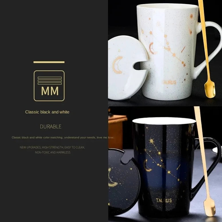 Starry Sky Zodiac Ceramic Mug Set | 12 Constellations Bone China Mug with Gold Spoon and Lid - A Gothic Universe - Mugs