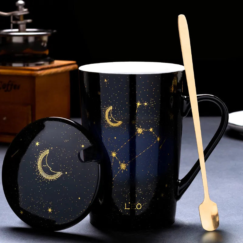 Starry Sky Zodiac Ceramic Mug Set | 12 Constellations Bone China Mug with Gold Spoon and Lid - A Gothic Universe - Mugs