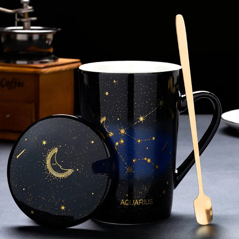 Starry Sky Zodiac Ceramic Mug Set | 12 Constellations Bone China Mug with Gold Spoon and Lid - A Gothic Universe - Mugs