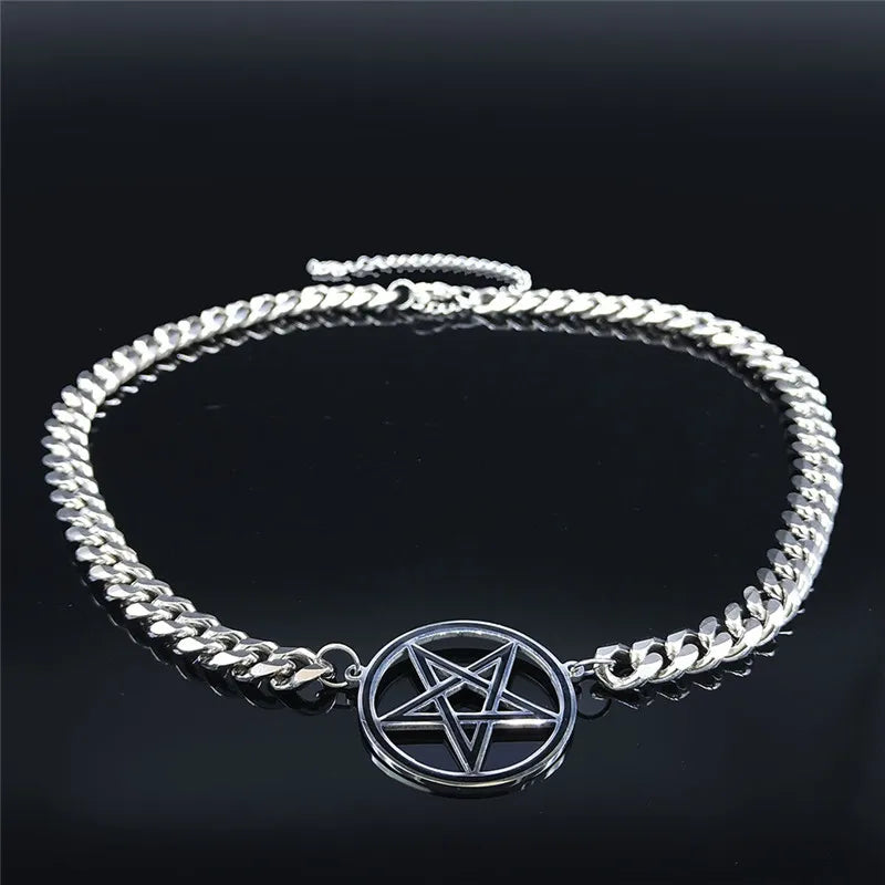 Shadow Serenity Inverted Pentagram Choker | Silver 19.6" - A Gothic Universe - Necklaces