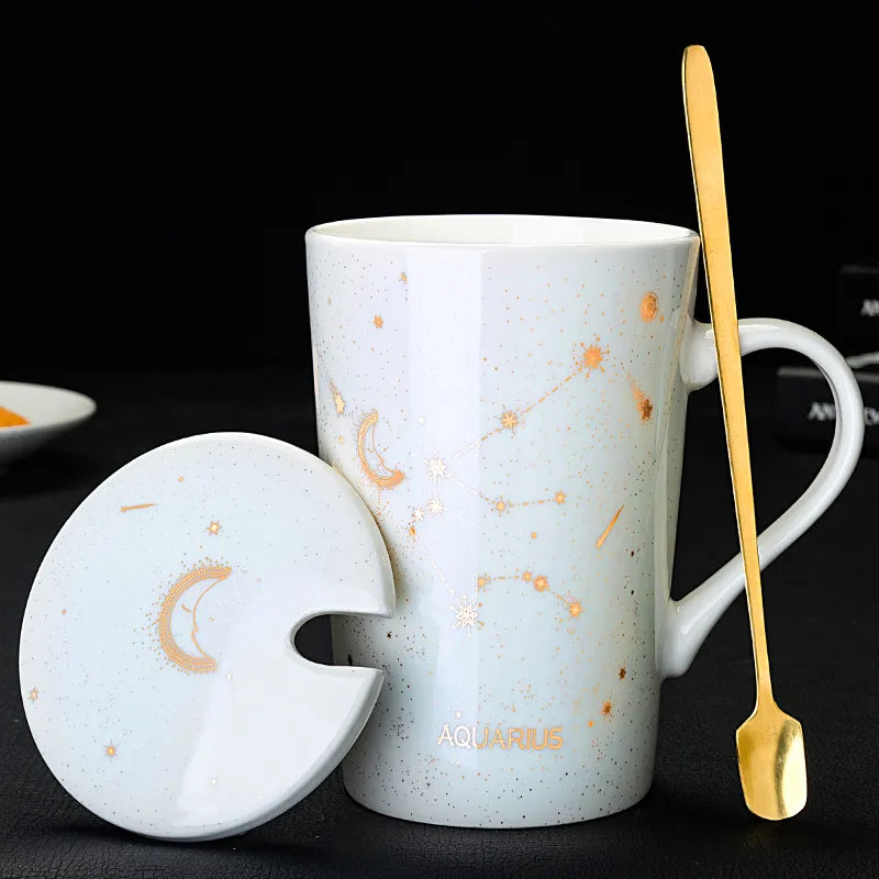 Starry Sky Zodiac Ceramic Mug Set | 12 Constellations Bone China Mug with Gold Spoon and Lid - A Gothic Universe - Mugs