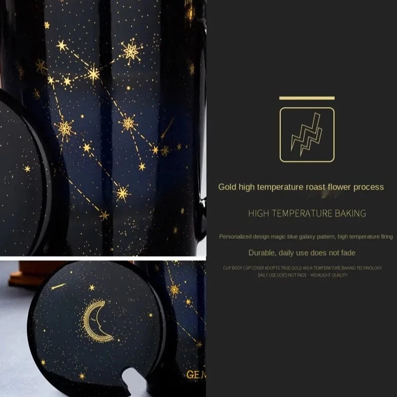 Starry Sky Zodiac Ceramic Mug Set | 12 Constellations Bone China Mug with Gold Spoon and Lid - A Gothic Universe - Mugs