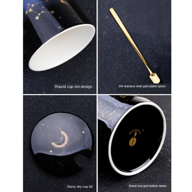 Starry Sky Zodiac Ceramic Mug Set | 12 Constellations Bone China Mug with Gold Spoon and Lid - A Gothic Universe - Mugs