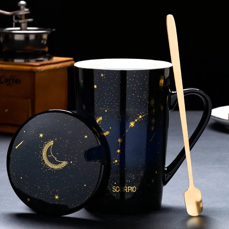 Starry Sky Zodiac Ceramic Mug Set | 12 Constellations Bone China Mug with Gold Spoon and Lid - A Gothic Universe - Mugs