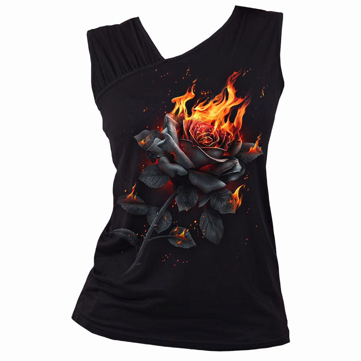 FLAMING ROSE - Gathered Shoulder Slant Vest Black -  - Tops - Sleeveless