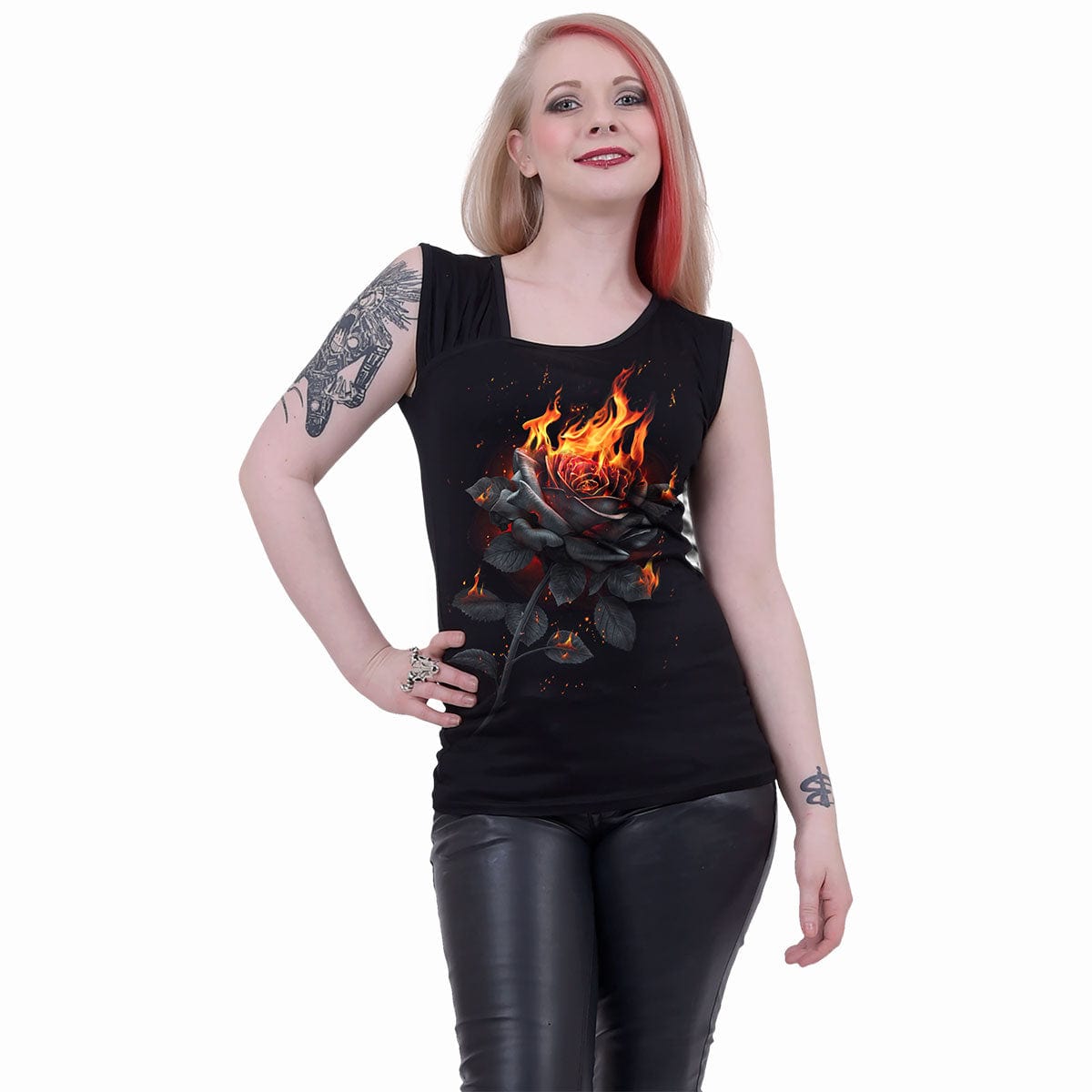 FLAMING ROSE - Gathered Shoulder Slant Vest Black -  - Tops - Sleeveless