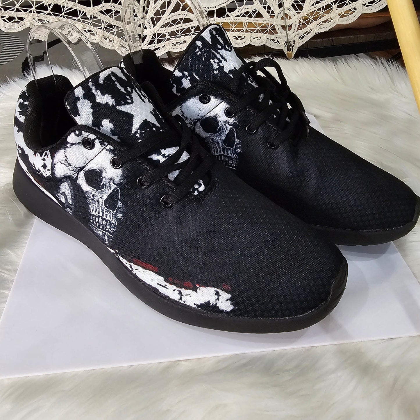 Men's Gothic Sneakers | Black & White Skull Print Breathable Lightweight & Comfy - A Gothic Universe - Shoes