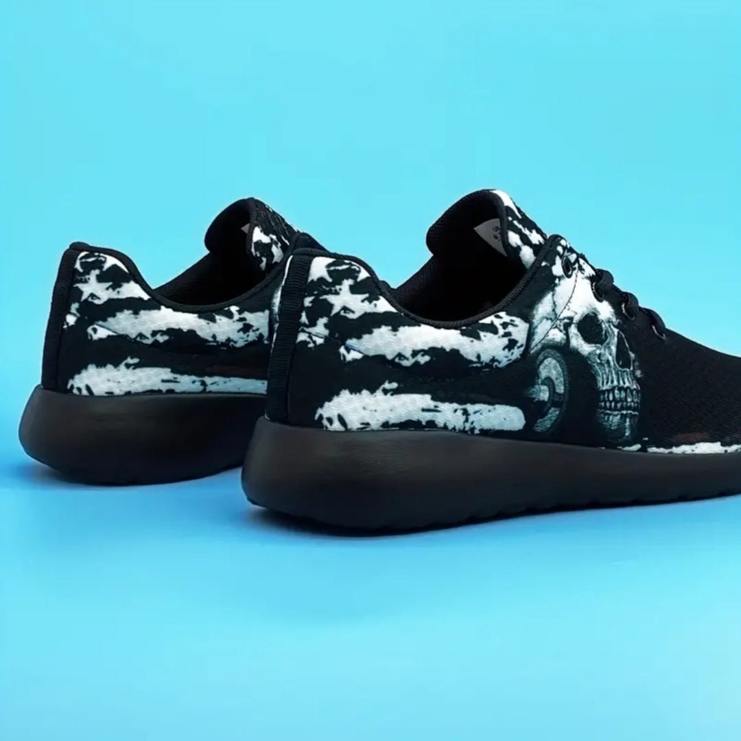 Men's Gothic Sneakers | Black & White Skull Print Breathable Lightweight & Comfy - A Gothic Universe - Shoes