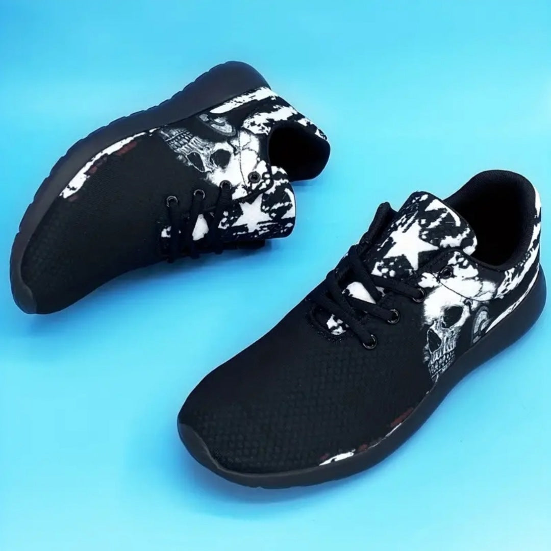 Men's Gothic Sneakers | Black & White Skull Print Breathable Lightweight & Comfy - A Gothic Universe - Shoes