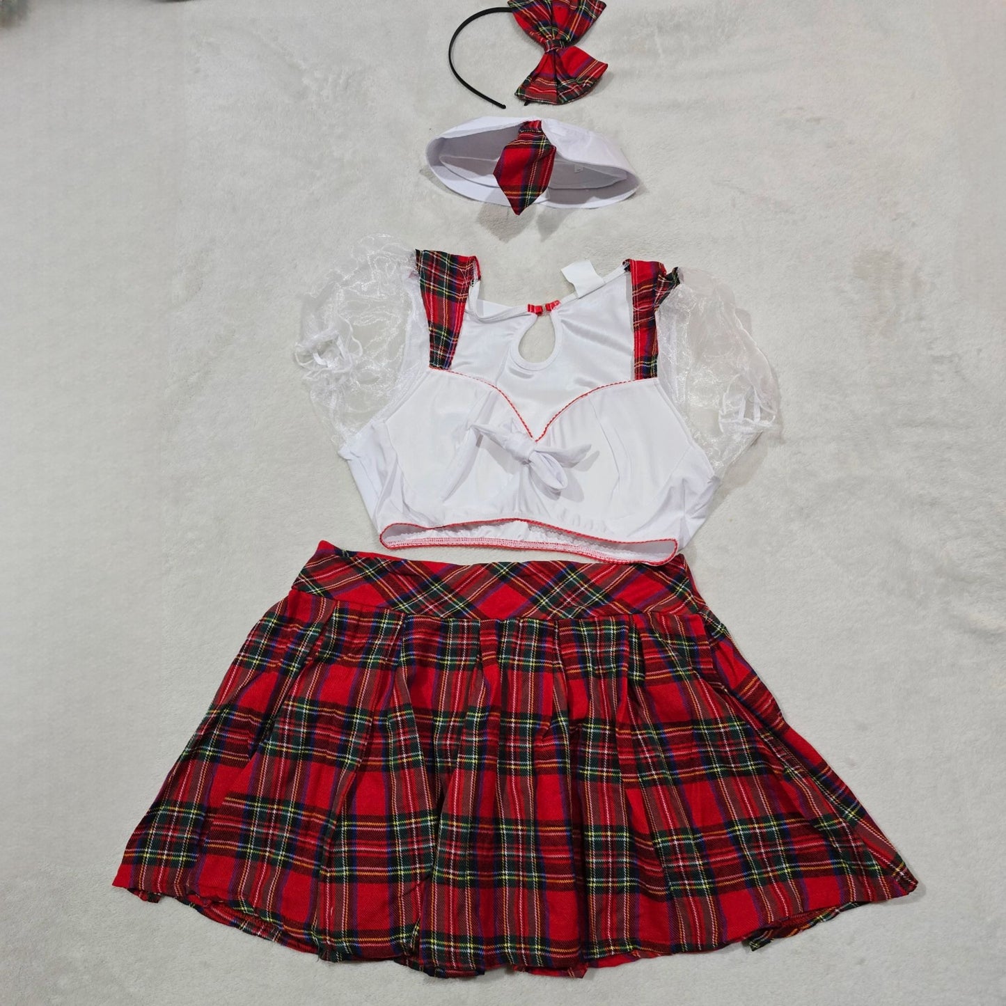 Schoolgirl Costume Set With Plaid Skirt Top Collar & Hair Bow