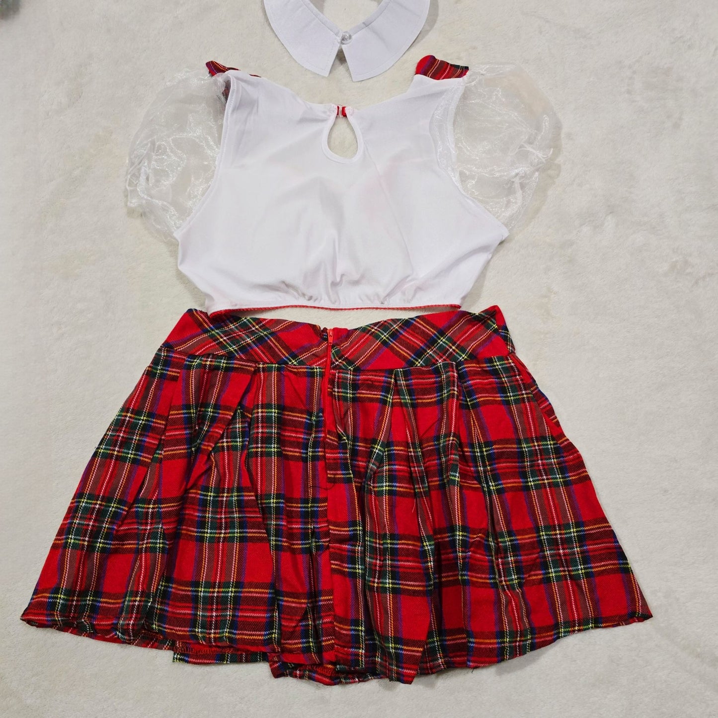 Schoolgirl Costume Set With Plaid Skirt Top Collar & Hair Bow