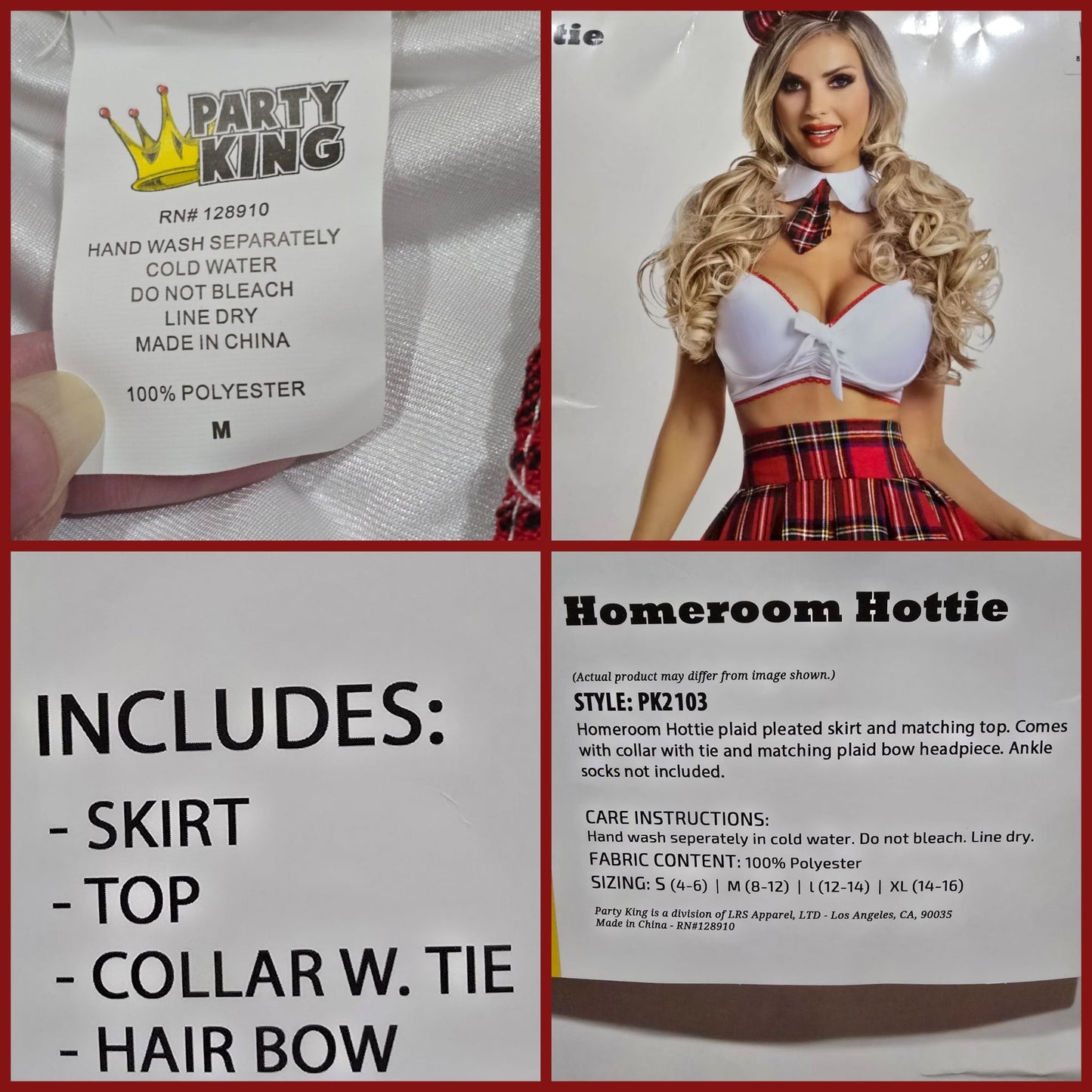 Schoolgirl Costume Set With Plaid Skirt Top Collar & Hair Bow