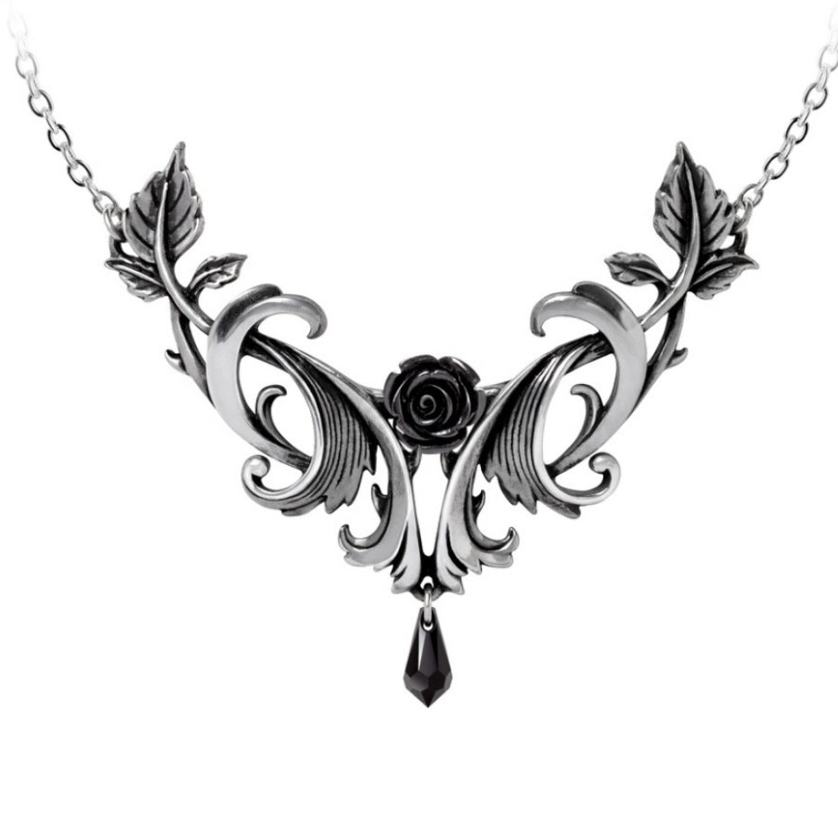 Baroque Rose Pendant |  Antiqued Pewter Austrian Crystal - Alchemy Gothic - Necklaces