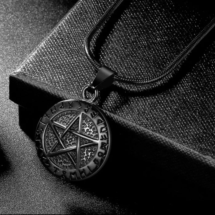 Solid Black Pentacle Necklace | Stainless Steel Snake Chain Runic Symbols - A Gothic Universe - Necklaces