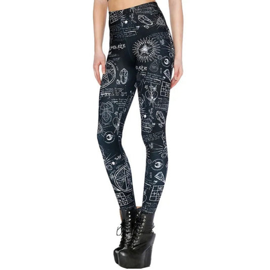 Witchy Symbols Leggings | Black High Waisted White Witch Symbols Pattern - A Gothic Universe - Leggings