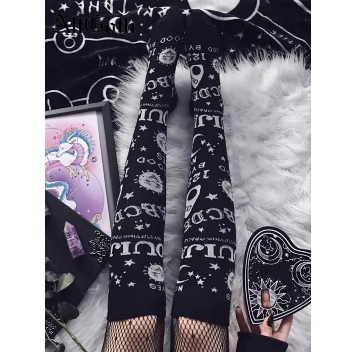 Gothic Knee High Socks | Witchy Black Ouija Allover Print Soft Cotton - A Gothic Universe - Socks