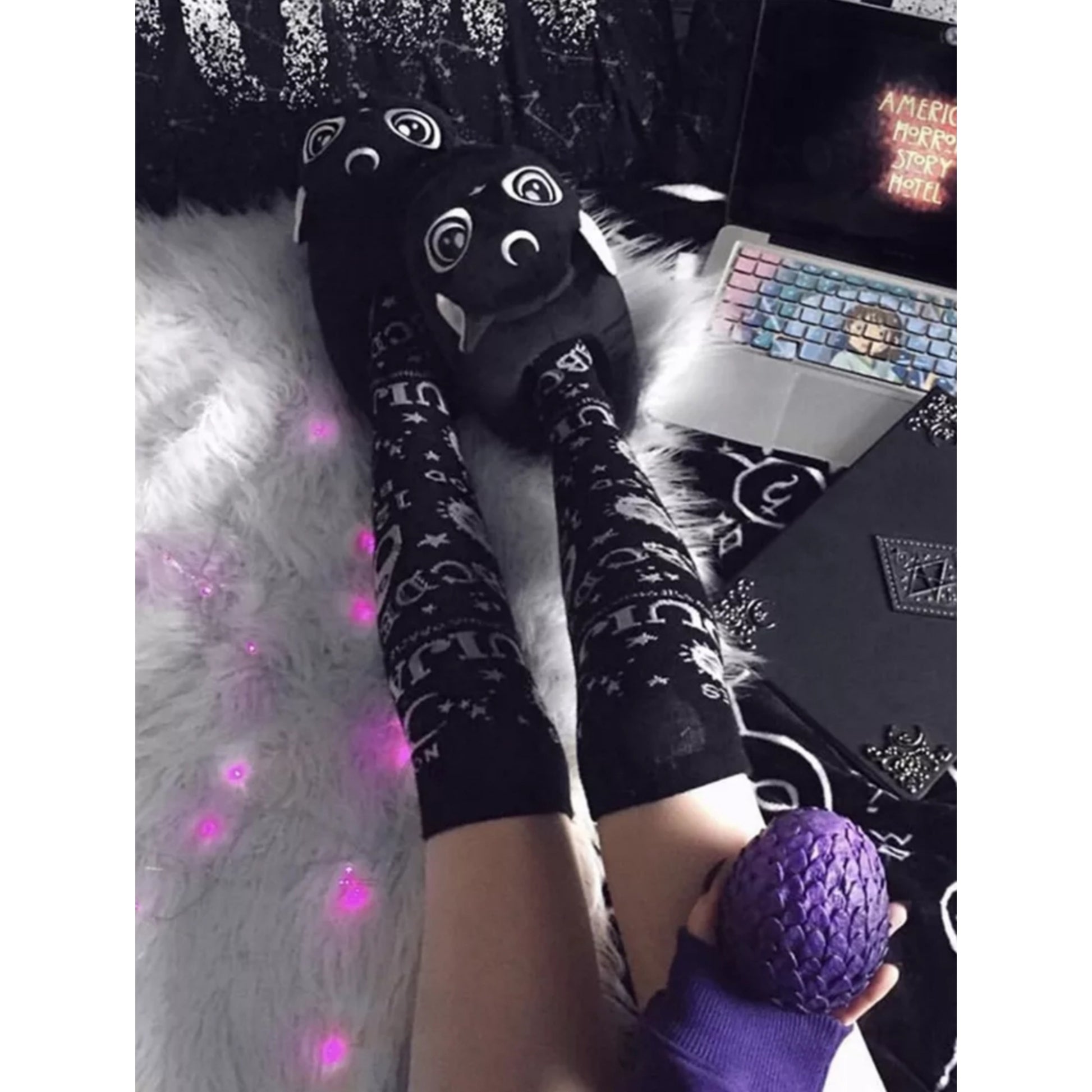 Gothic Knee High Socks | Witchy Black Ouija Allover Print Soft Cotton - A Gothic Universe - Socks