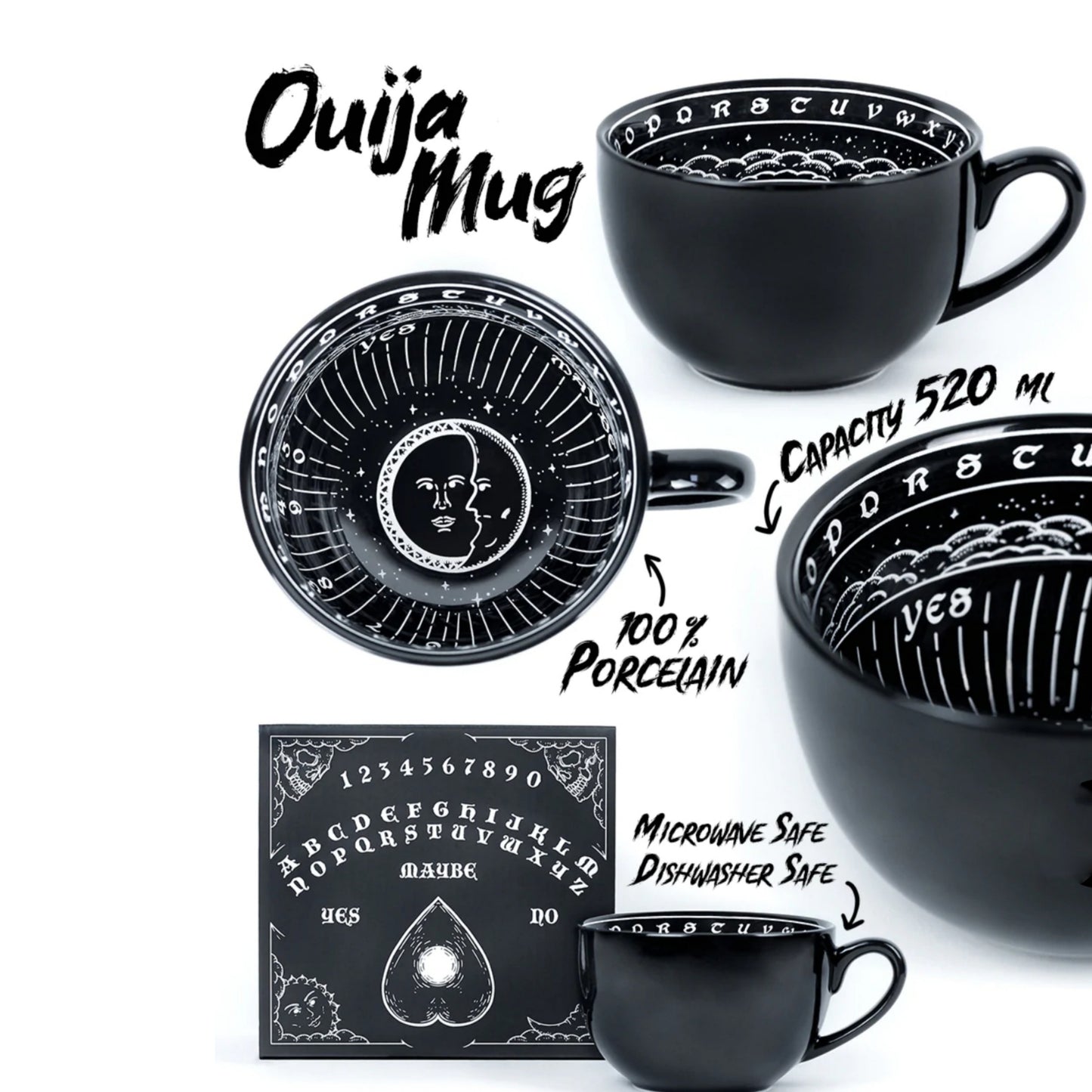 Ouija Mug | Oversized Black Porcelain Ouija Board Print Inside Gloss Finish 17.6 oz - Rogue + Wolf - Mugs