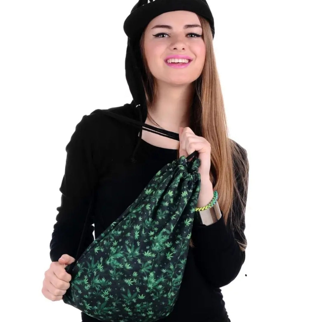 Draw String Backpack | High Quality Black Green | 420 Theme Graphic - A Gothic Universe - Backpacks