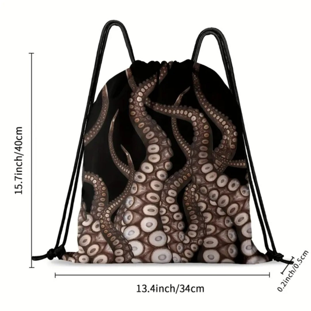 Draw String Backpack | High Quality Black | Octopus Theme Graphic - A Gothic Universe - Backpacks