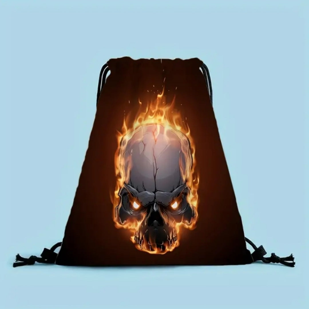 Draw String Backpack | High Quality Black Orange | Flaming Skull Themes - A Gothic Universe - Backpacks