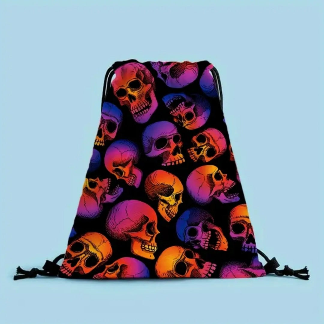 Draw String Backpack | High Quality Black Purple | Multi Skulls Theme - A Gothic Universe - Backpacks