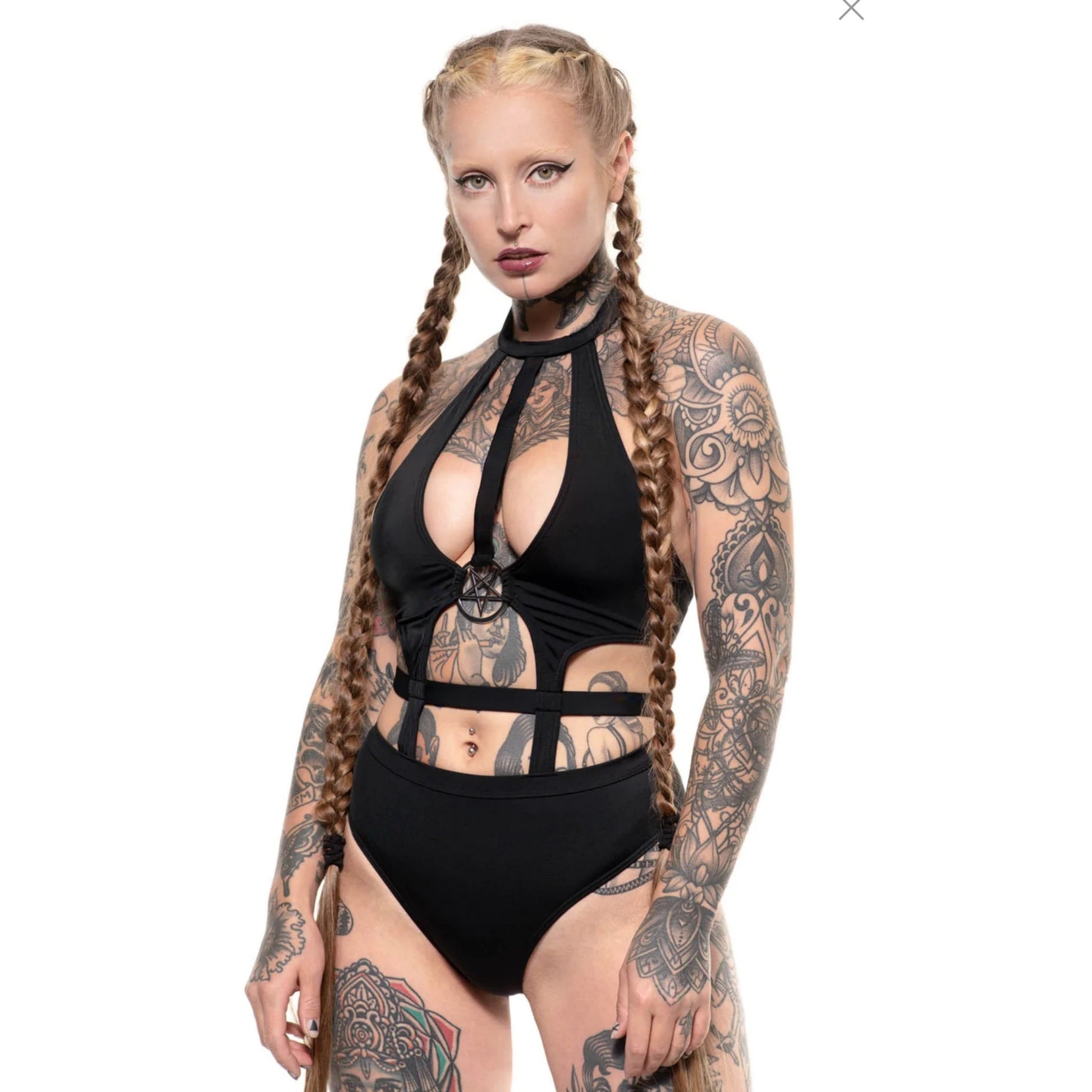 Showdown One Piece Swim Suit / Bodysuit | Halter Pentagram Hardware - Killstar - Swimwear