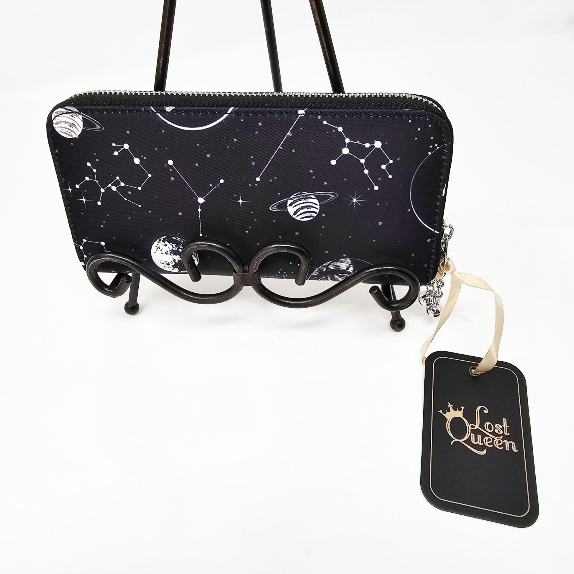 Celestial Print Wallet | Black White Zodiac Signs Zip Closure Charm - Lost Queen - Wallets