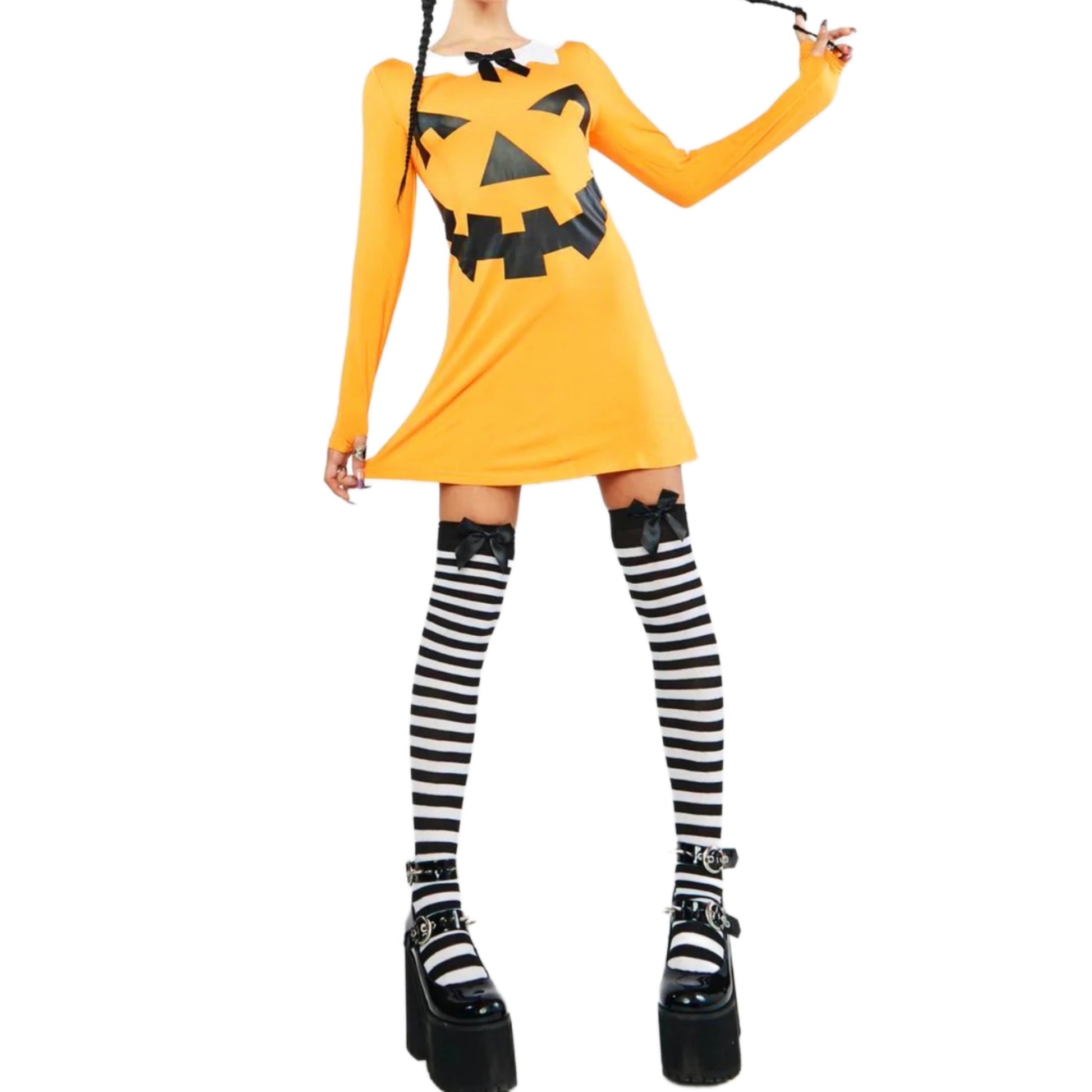 Pumpkin Mini Dress Set | Carve a Smile | Striped Thigh Highs - Trickz N Treatz - Costumes